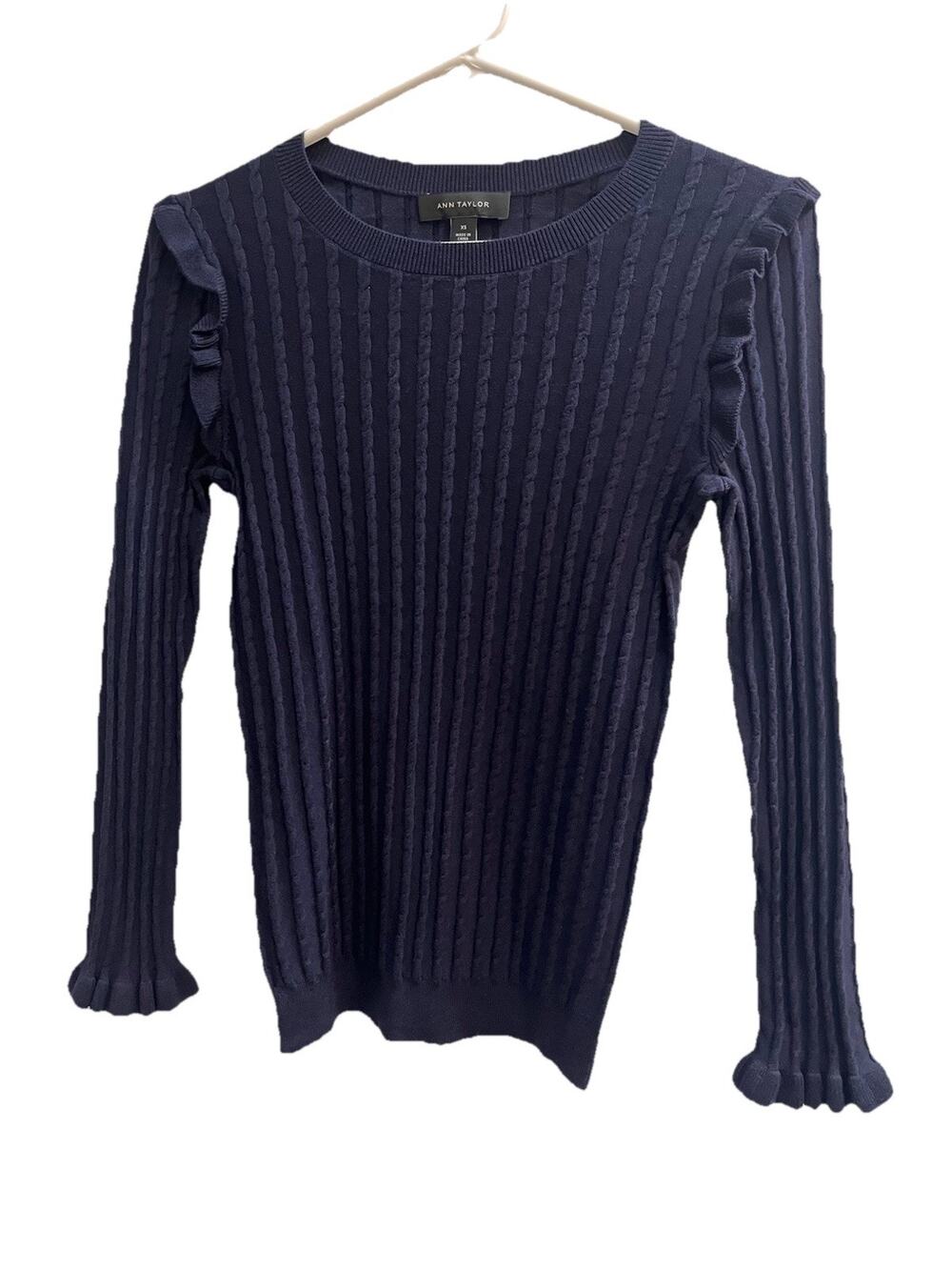 Ann Taylor XS Silk Blend Cable Knit Ruffle Shoulder Sweater Blue Balletcore